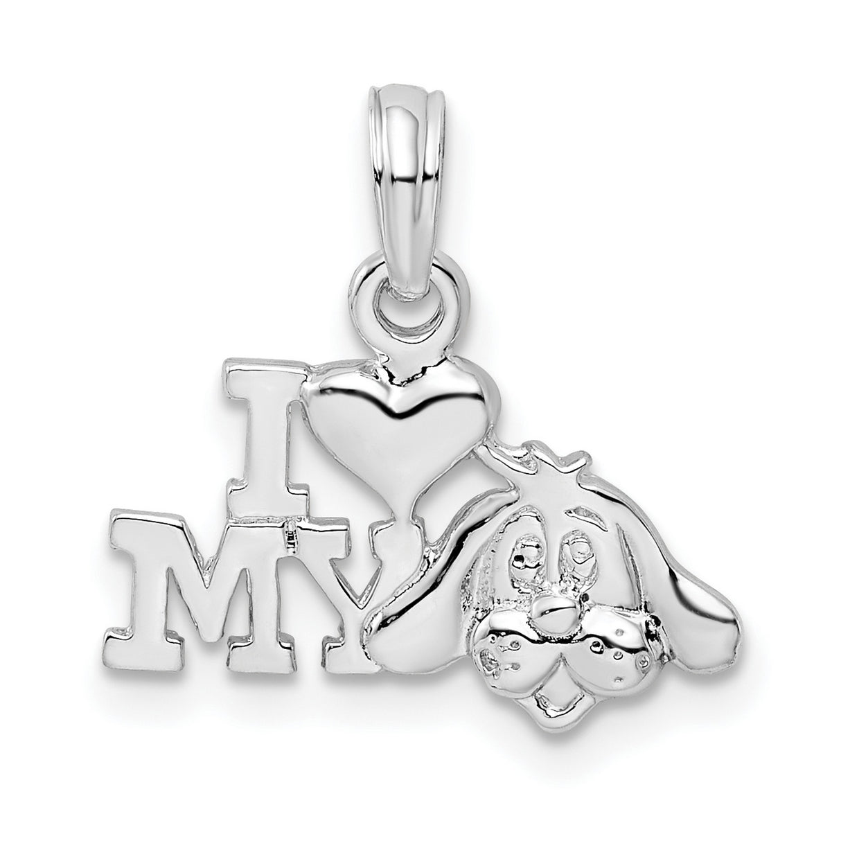 Sterling Silver Dog Pendant with Cartoon Dog Face and I Love My Dog Design