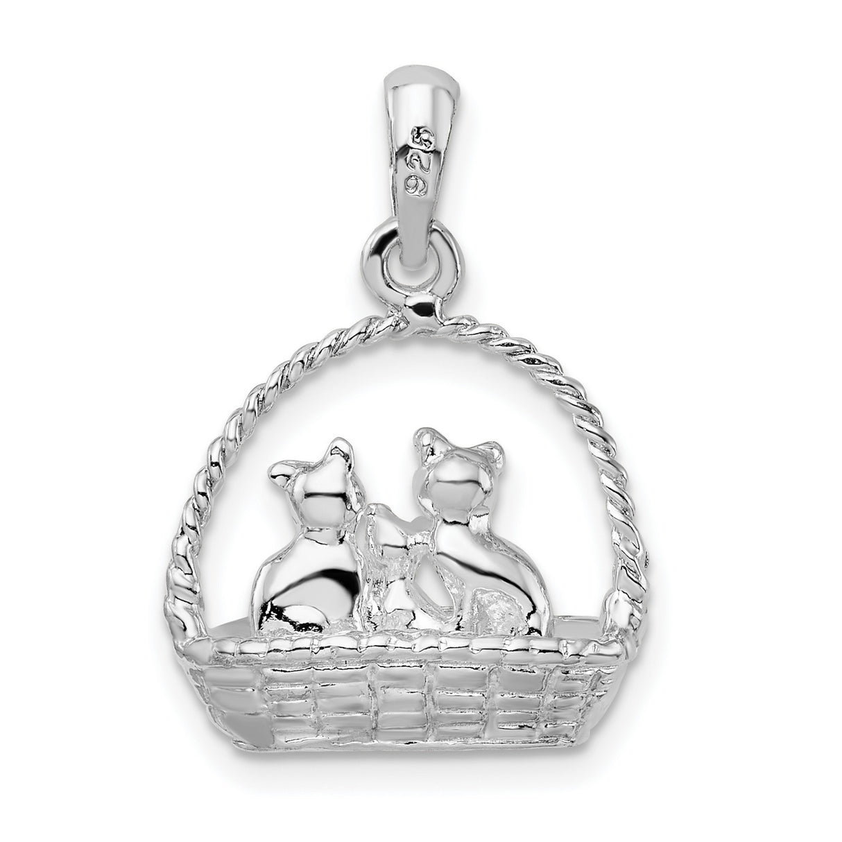 Polished 3-D Kittens in Basket Charm Pendant in Real 925 Sterling Silver