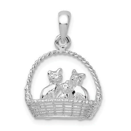 Polished 3-D Kittens in Basket Charm Pendant in Real 925 Sterling Silver
