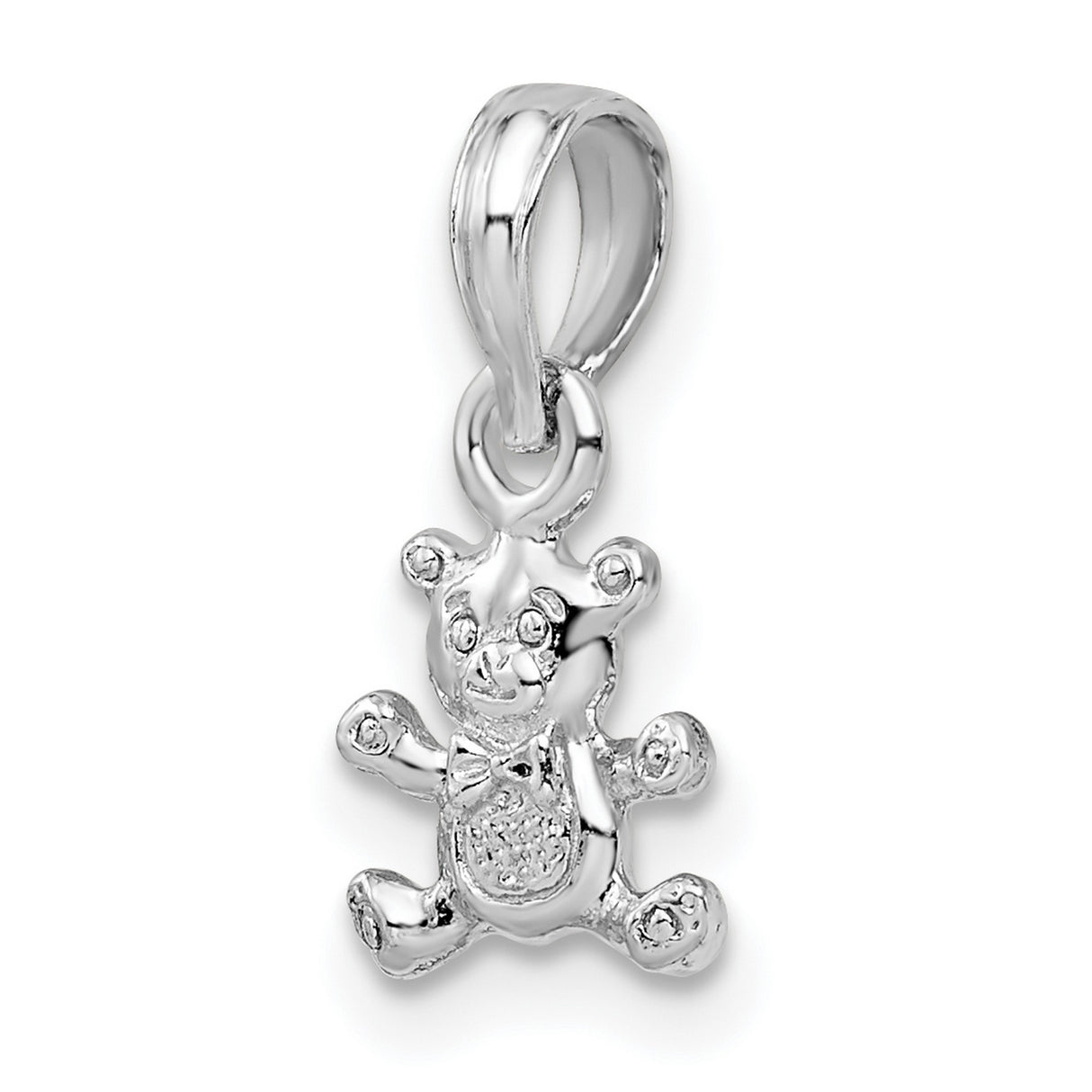 Sterling Silver Teddy Bear Pendant Charm with Bow Tie and Textured Belly, 3D Animal Design