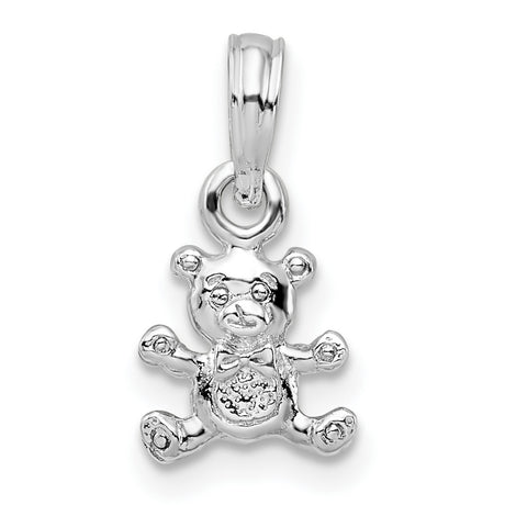Sterling Silver Teddy Bear Pendant Charm with Bow Tie and Textured Belly, 3D Animal Design