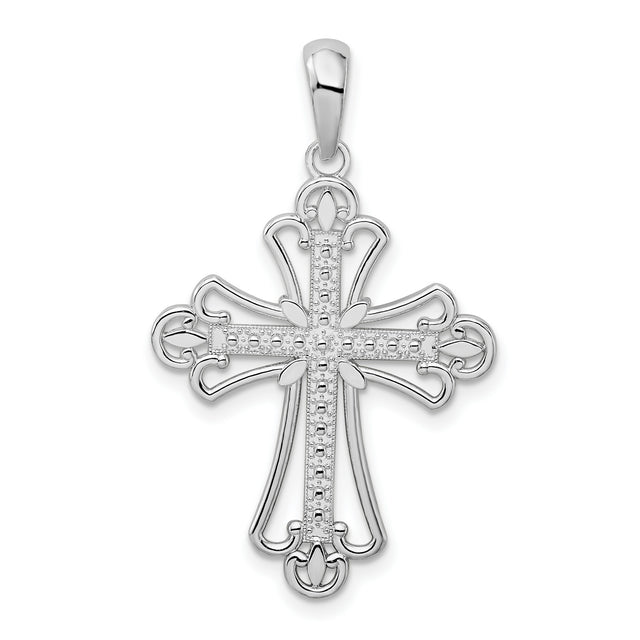 Sterling Silver Cross Pendant with Fleur de Lis and Textured Openwork Design