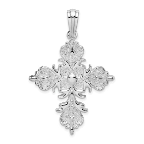 Sterling Silver Cross Pendant with Textured Fleur Design and Polished Details