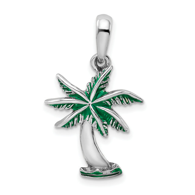Sterling Silver Palm Tree Pendant with Green Enamel, Tropical Beach Theme Jewelry