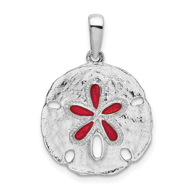 Sterling Silver Sand Dollar Pendant with Red Enamel, Star Motif Coastal Jewelry for Women