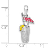 Sterling Silver Cocktail Pendant Charm with Pink Umbrella, Lemon Slice, and Straw