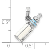 Sterling Silver Baby Bottle Pendant with Blue Enamel, 3D Motherhood Charm for Women
