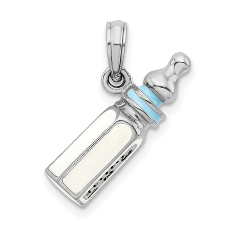 Sterling Silver Baby Bottle Pendant with Blue Enamel, 3D Motherhood Charm for Women