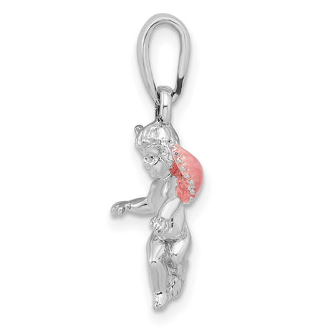 Sterling Silver Angel Pendant with Pink Enamel Wings, Cherub Charm Symbolizing Faith and Protection