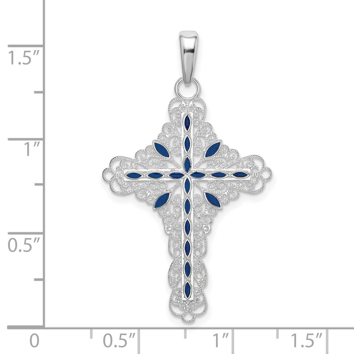 Sterling Silver Cross Pendant with Blue Marquise Inlay and Filigree Detail