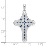 Sterling Silver Cross Pendant with Blue Marquise Inlay and Filigree Detail