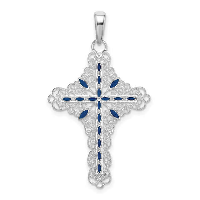 Sterling Silver Cross Pendant with Blue Marquise Inlay and Filigree Detail