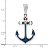 Sterling Silver Anchor Pendant with Navy Blue Enamel and Red White Accents, Nautical Theme Charm