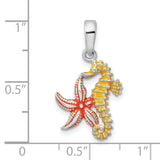 Sterling Silver Ocean Pendant with Orange Starfish and Green Seahorse, Nautical Theme for Women