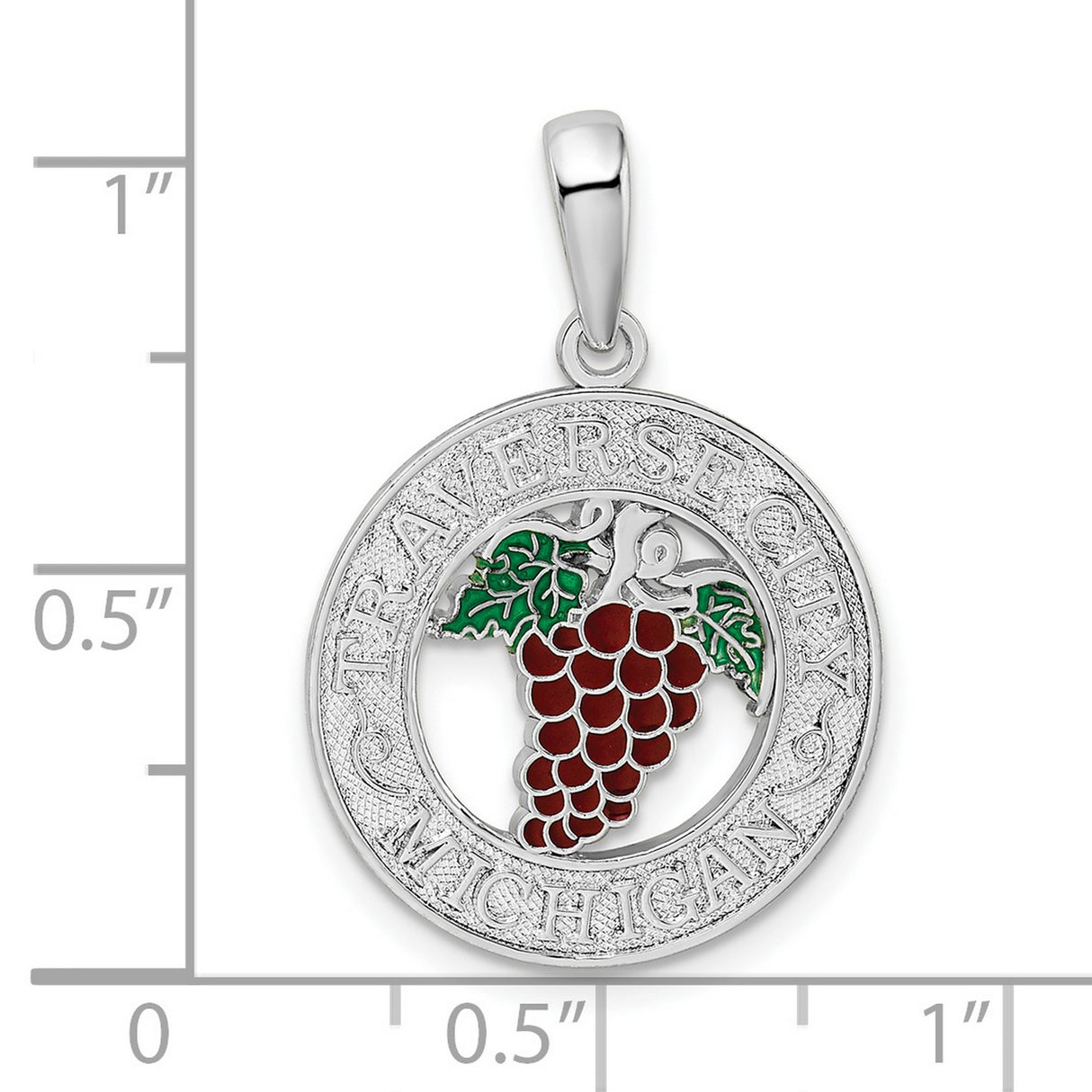 Sterling Silver Grape Cluster Pendant with Green Leaves, Traverse City Michigan Charm