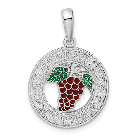 Sterling Silver Grape Cluster Pendant with Green Leaves, Traverse City Michigan Charm