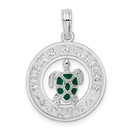 Sterling Silver Turtle Pendant with Green Enamel, Ocean Wave Charm, Nautical Jewelry