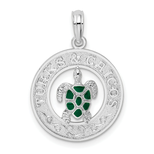 Sterling Silver Turtle Pendant with Green Enamel, Ocean Wave Charm, Nautical Jewelry
