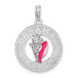 Sterling Silver Conch Shell Pendant with Pink Enamel, Tropical Island Scroll Design
