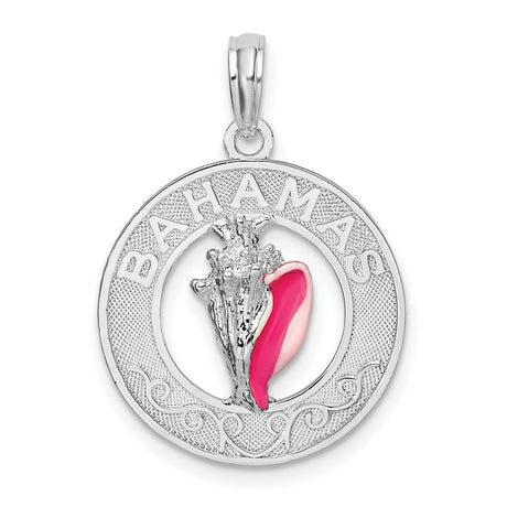 Sterling Silver Conch Shell Pendant with Pink Enamel, Tropical Island Scroll Design