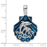 Sterling Silver Dolphin Pendant with Blue Seashell Background and Wave Design