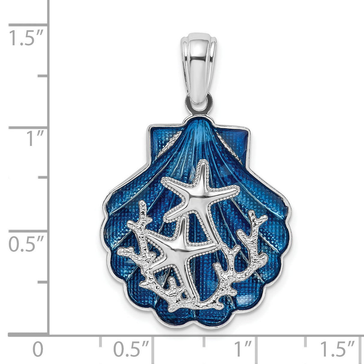 Sterling Silver Seashell Pendant with Blue Enamel, Starfish and Coral Design