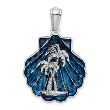 Sterling Silver Nautical Pendant with Palm Trees, Anchor and Blue Scallop Shell