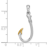 Sterling Silver Fishing Hook Pendant, Two Tone Nautical Charm for Men, Marine Theme Jewelry