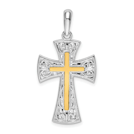 Sterling Silver Cross Pendant with Dual Tone Gold Finish and Filigree Design for Men and Women
