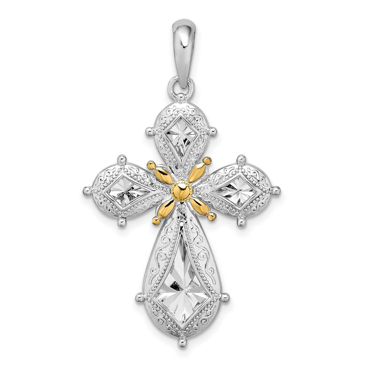 Sterling Silver Filigree Cross Pendant with Gold Accent, Vintage Floral Religious Design