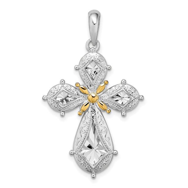 Sterling Silver Filigree Cross Pendant with Gold Accent, Vintage Floral Religious Design