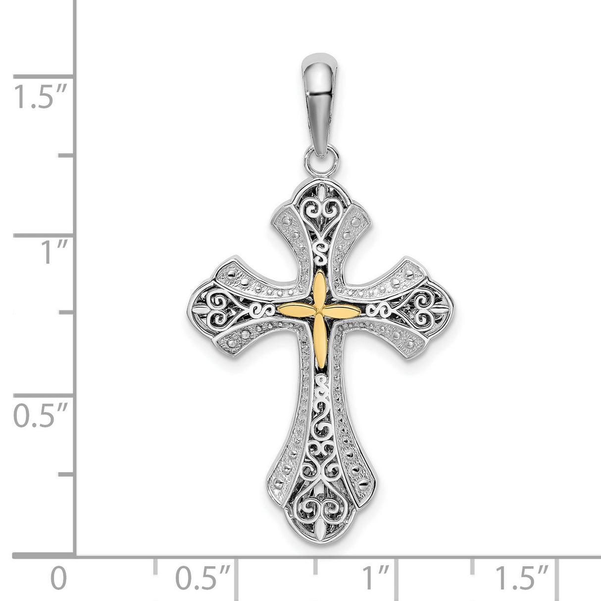 Sterling Silver Filigree Cross Pendant with Gold Accents, Textured Arms, Religious Design