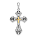 Sterling Silver Filigree Cross Pendant with Gold Accents, Textured Arms, Religious Design