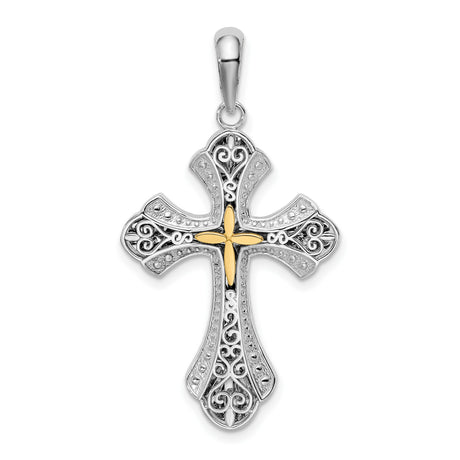 Sterling Silver Filigree Cross Pendant with Gold Accents, Textured Arms, Religious Design