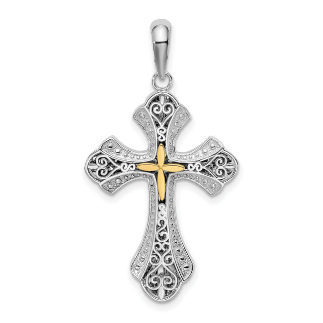 Sterling Silver Filigree Cross Pendant with Gold Accents, Textured Arms, Religious Design