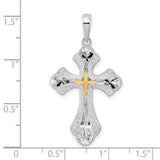 Sterling Silver Cross Pendant with Gold Accent, Baroque Flared Tips and Textured Edge