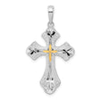 Sterling Silver Cross Pendant with Gold Accent, Baroque Flared Tips and Textured Edge