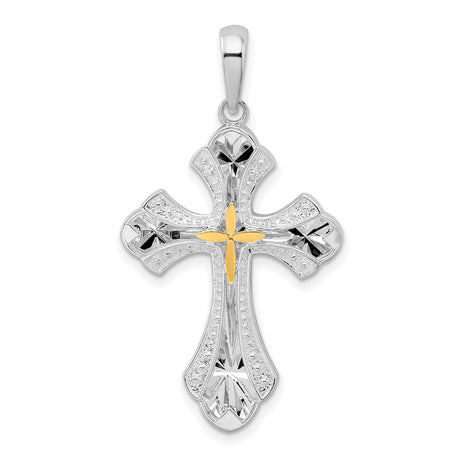 Sterling Silver Cross Pendant with Gold Accent, Baroque Flared Tips and Textured Edge
