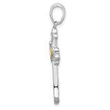 Sterling Silver Cross Pendant with Dual Tone Fleur de Lis Design and Scalloped Edge