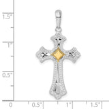 Sterling Silver Cross Pendant with Dual Tone Fleur de Lis Design and Scalloped Edge