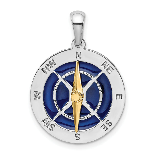 Enameled Compass with Moving Needle Charm Pendant in Real 925 Sterling Silver