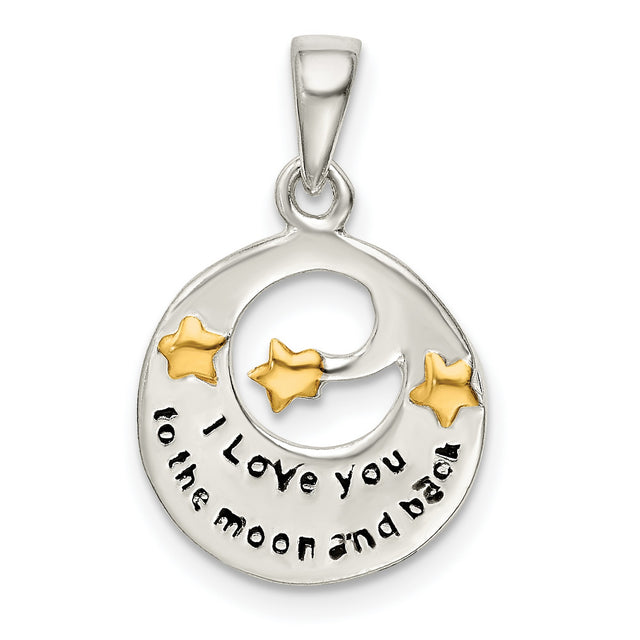 Sterling Silver Moon Pendant with Gold-Tone Stars and I Love You to the Moon and Back Message