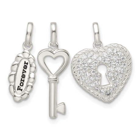 Sterling Silver Charm Set with Heart Lock and Key, Forever Tag, Cubic Zirconia