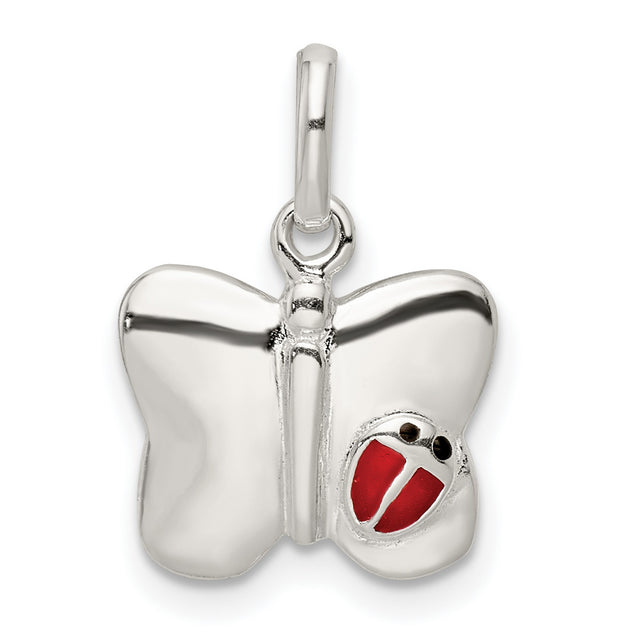 Sterling Silver Butterfly Pendant with Red and Black Ladybug Accent, Nature-Inspired Charm