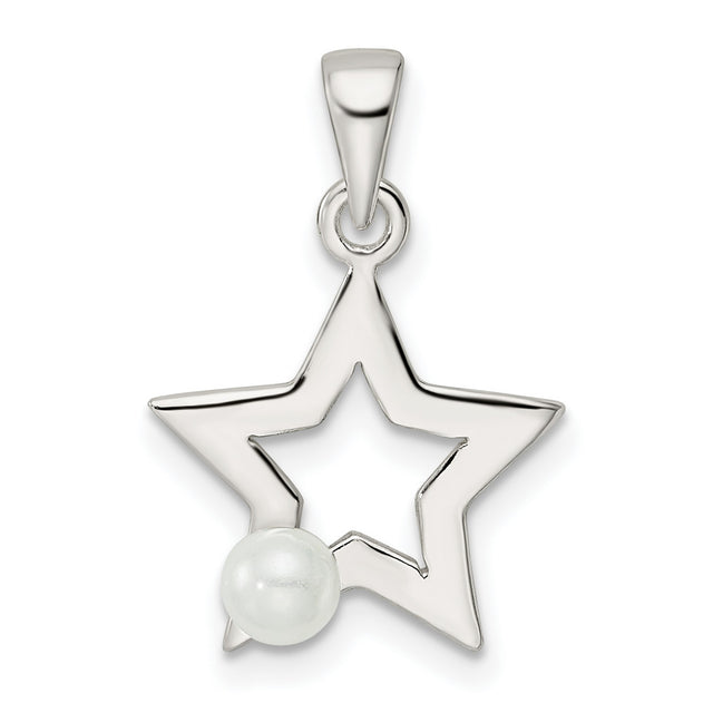 Sterling Silver Star Pendant with Open Design and Simulated Pearl Accent, Celestial Style Jewelry