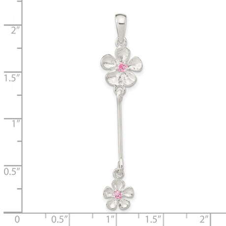 Sterling Silver Pendant with Cubic Zirconia, Floral Design with Pink Gemstone Centers