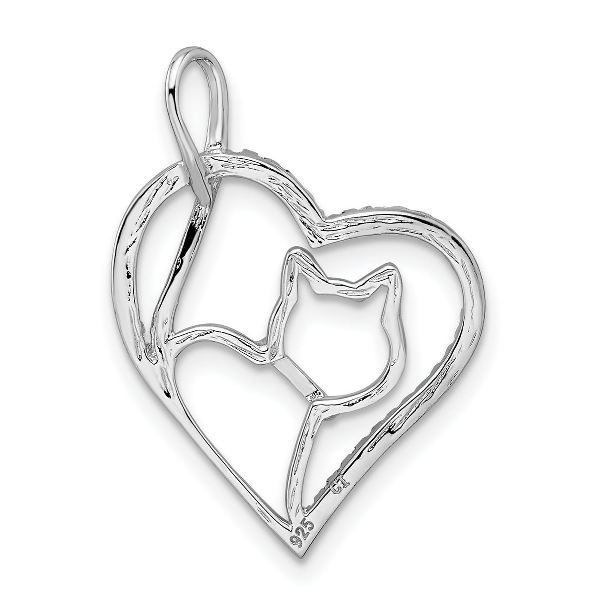CZ Cat in Heart Charm Pendant in Real 925 Sterling Silver