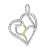 CZ Cat in Heart Charm Pendant in Real 925 Sterling Silver