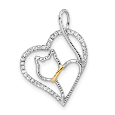 CZ Cat in Heart Charm Pendant in Real 925 Sterling Silver