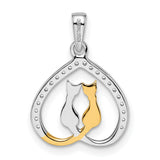 Gold Plated CZ Heart with Two Cats Charm Pendant in Real 925 Sterling SIlver